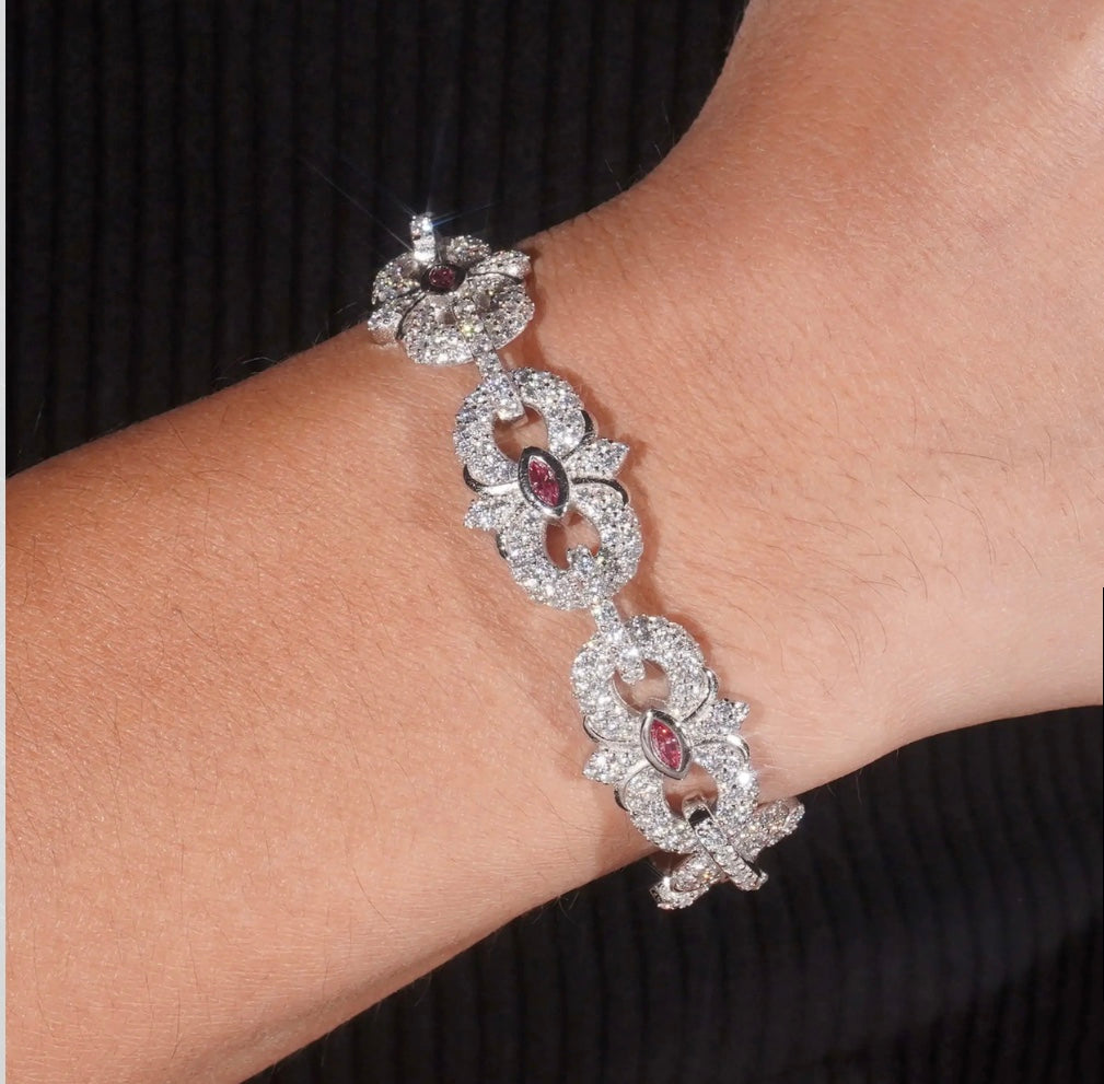 Custom Infinity Color Stone Moissanite Link Bracelet - 18K White Gold Over 925 Silver