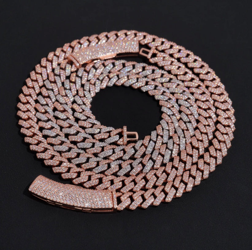 12mm Two-Tone Cuban Chain - Rose Gold & White Moissanite