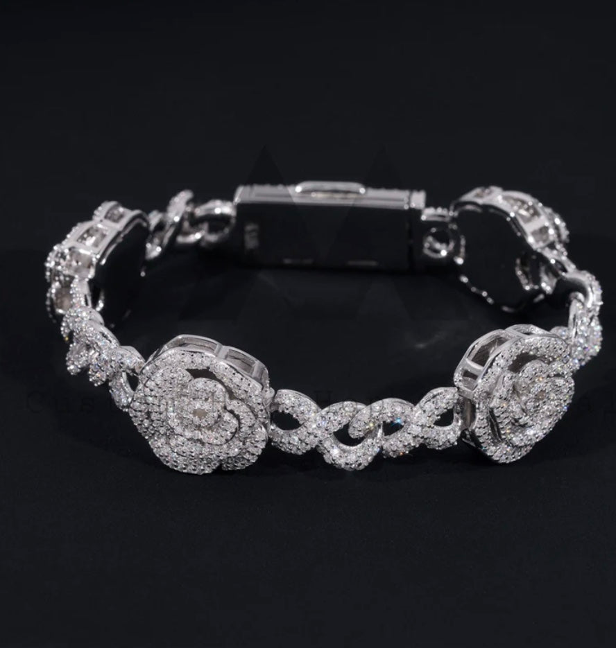 Custom Moissanite Rose Infinity Link Bracelet - 18K White Gold Over 925 Silver