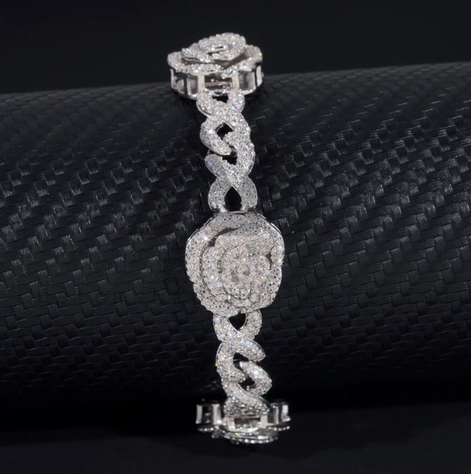 Custom Moissanite Rose Infinity Link Bracelet - 18K White Gold Over 925 Silver