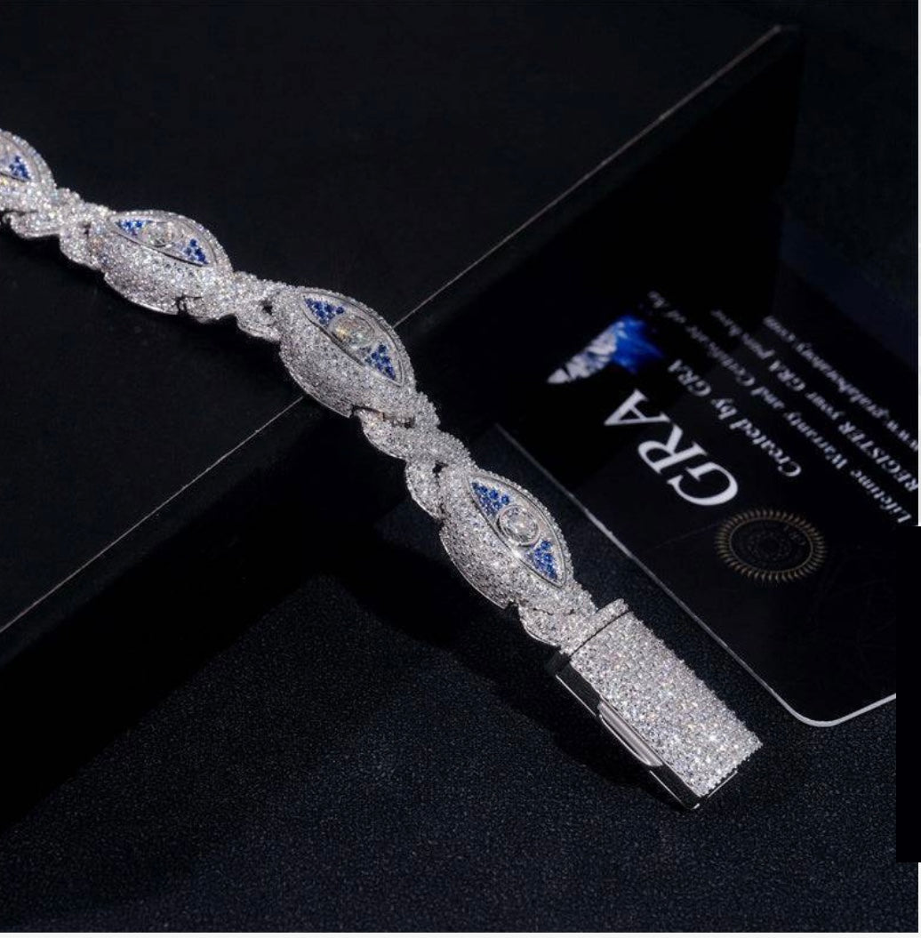 Custom Blue and White Moissanite Eye Bracelet - 18K White Gold Over 925 Silver