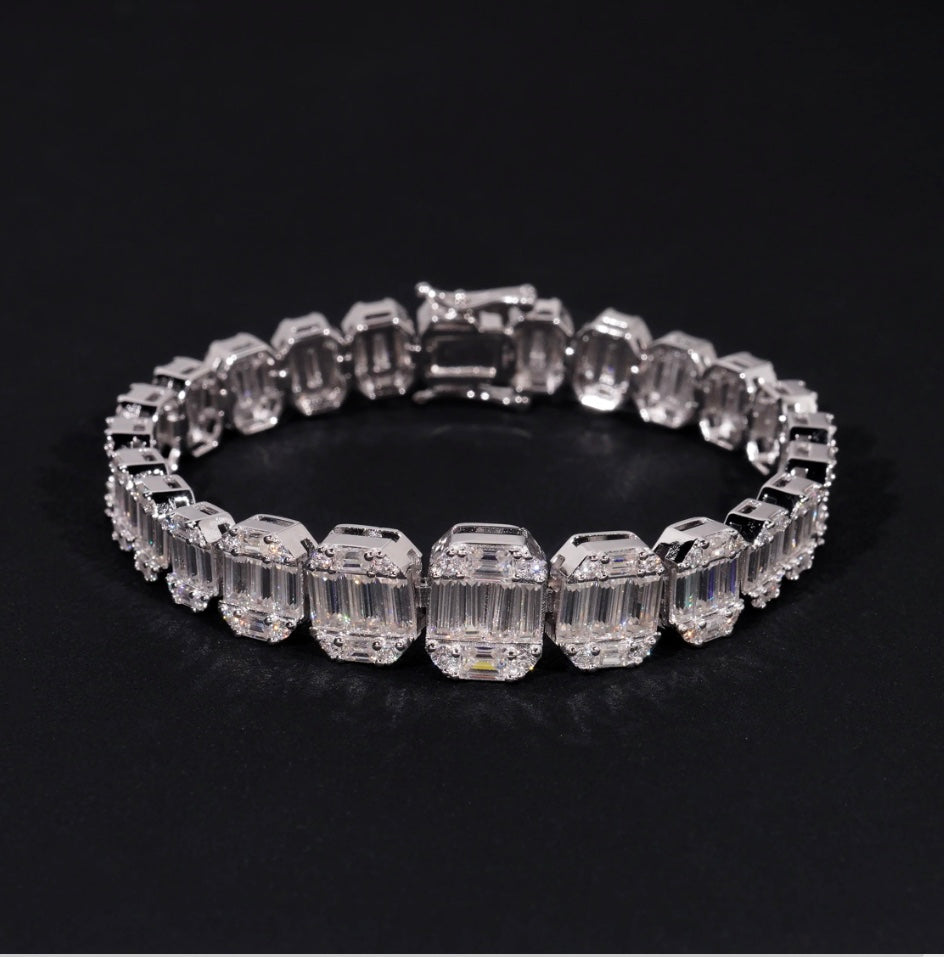 Custom 8mm Emerald Cut Moissanite Bracelet - 18K White Gold over 925 Silver