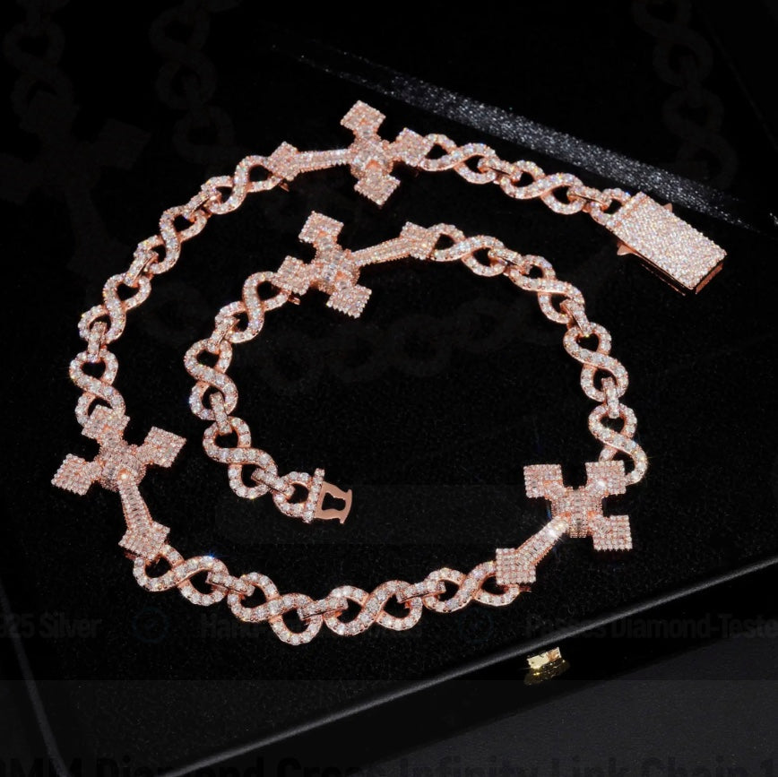Custom Cross Infinity Link Chain - Rose Gold 925 Silver Moissanite