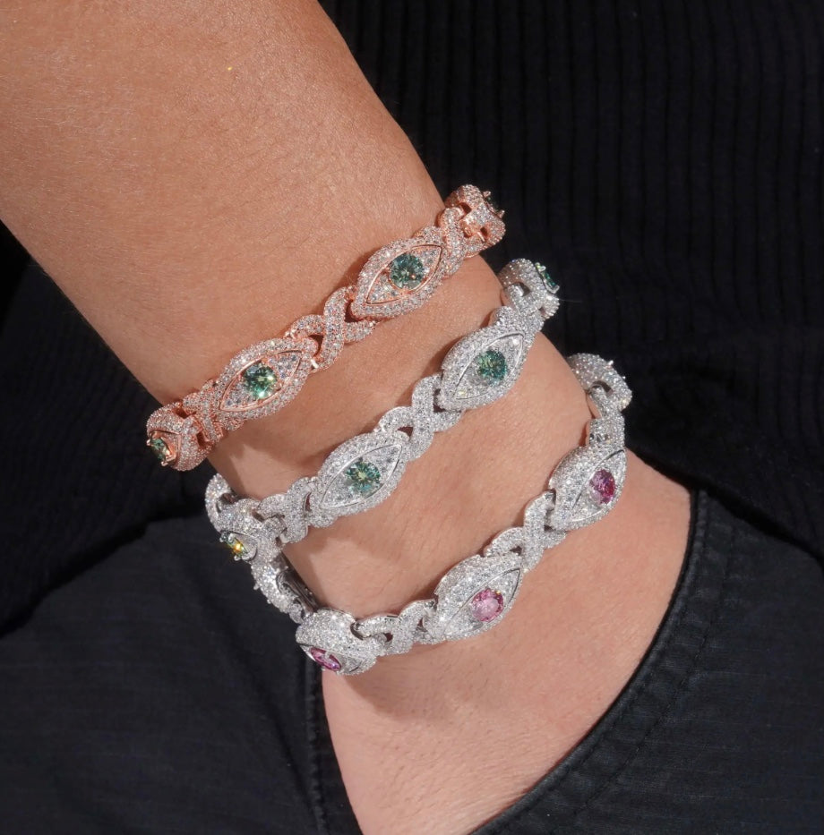 Custom 15mm Colored Moissanite Infinity Bracelet - White Gold or Rose Gold over 925 Silver