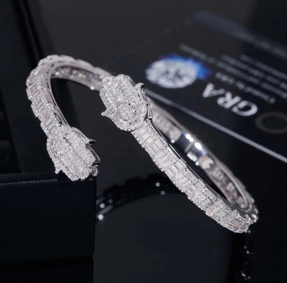 Custom Moissanite Hamsa Hand Bangle - 18K White Gold Over 925 Silver