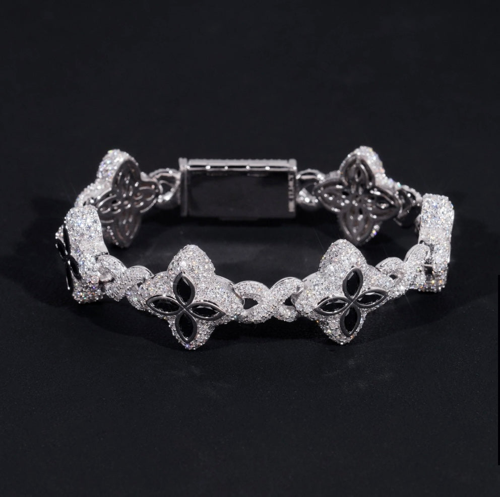 Custom Black and White Mixed Moissanite Clover Bracelet - White/Rose Gold - 18K Over 925 Silver