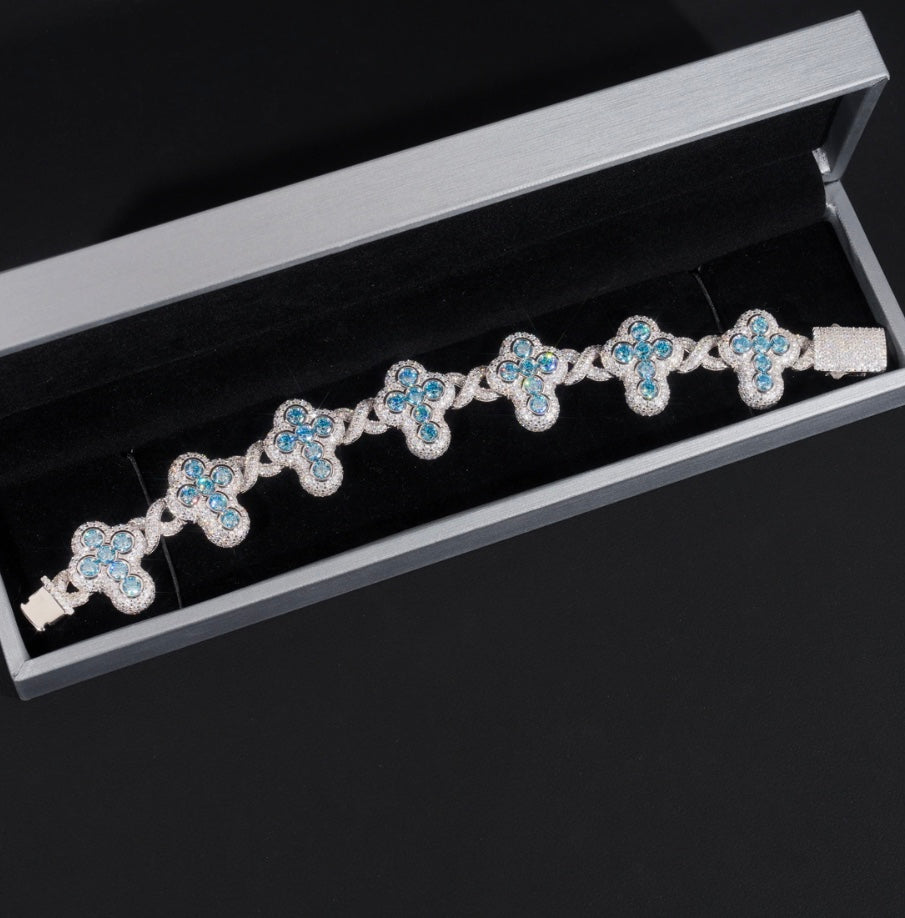 Custom Aqua Blue Moissanite Cross Bracelet