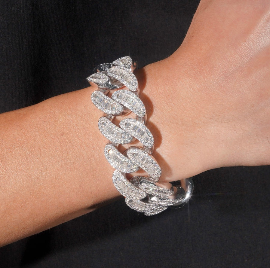 20mm Moissanite Cuban Bracelet with 18K White Gold Over 925 Silver