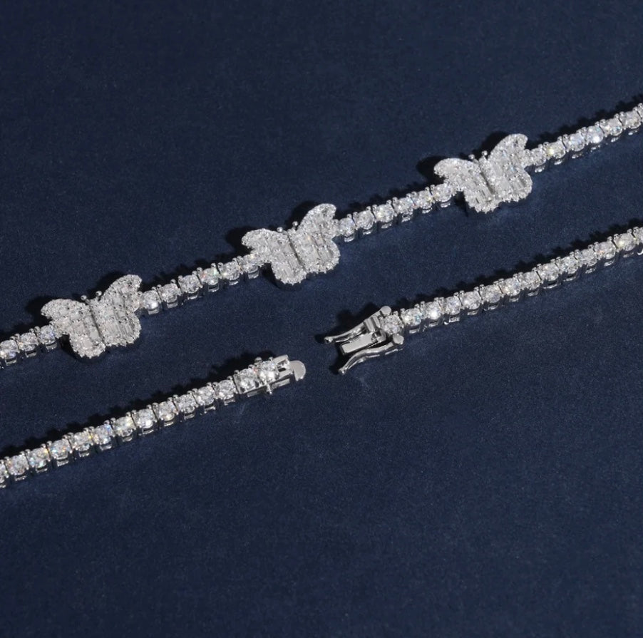 3mm Butterfly Moissanite Tennis Bracelet - 18K White Gold Over 925 Silver