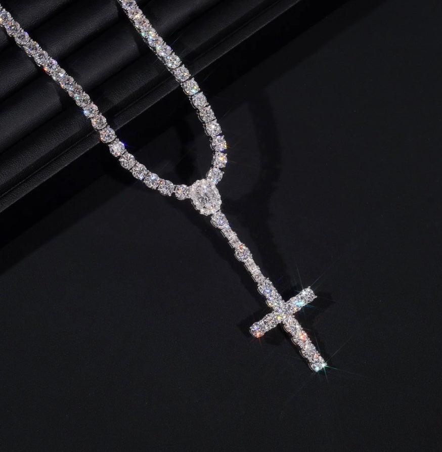 3mm Tennis Chain with Cross - 925 Silver Moissanite