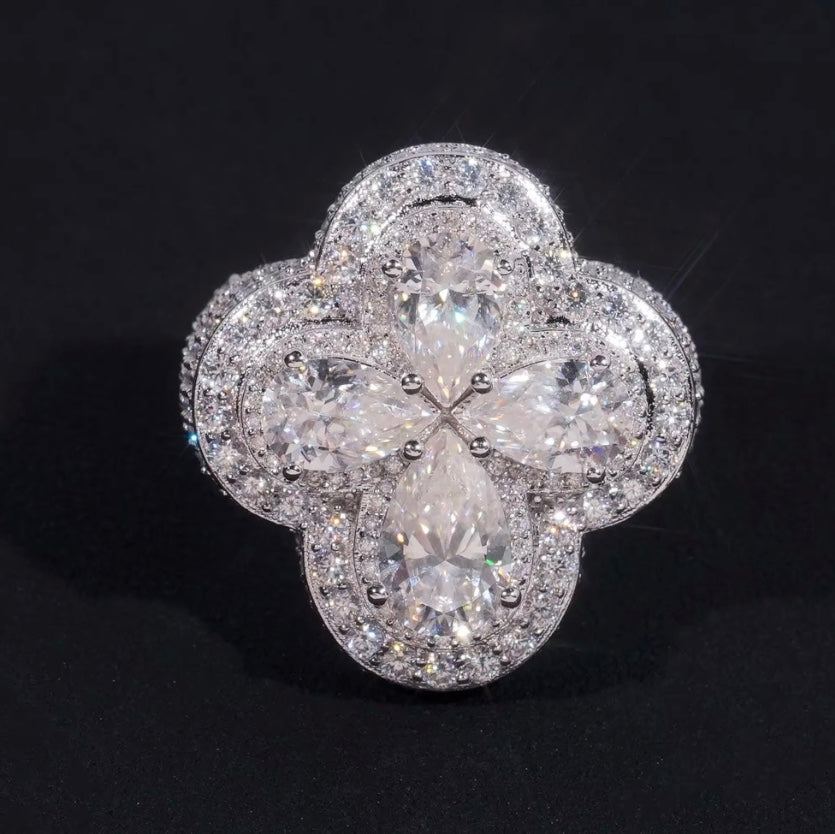 Custom Clover Moissanite Ring - 18K White Gold Over 925 Silver