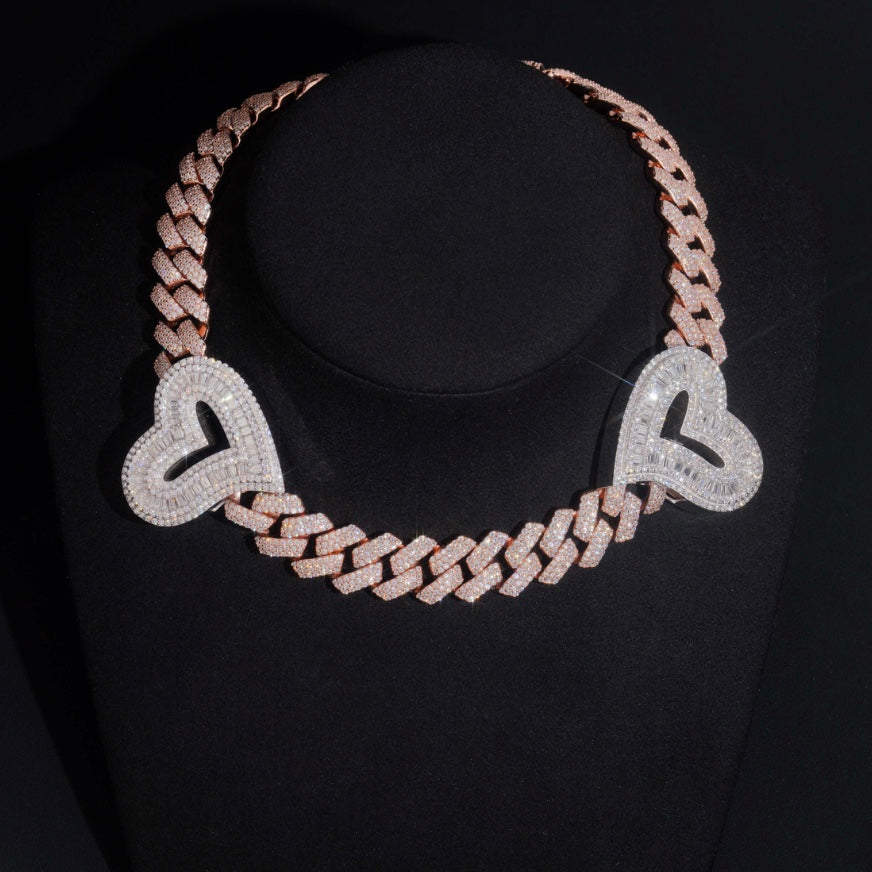 Rose Gold Heart 925 Silver Cuban Chain 15mm