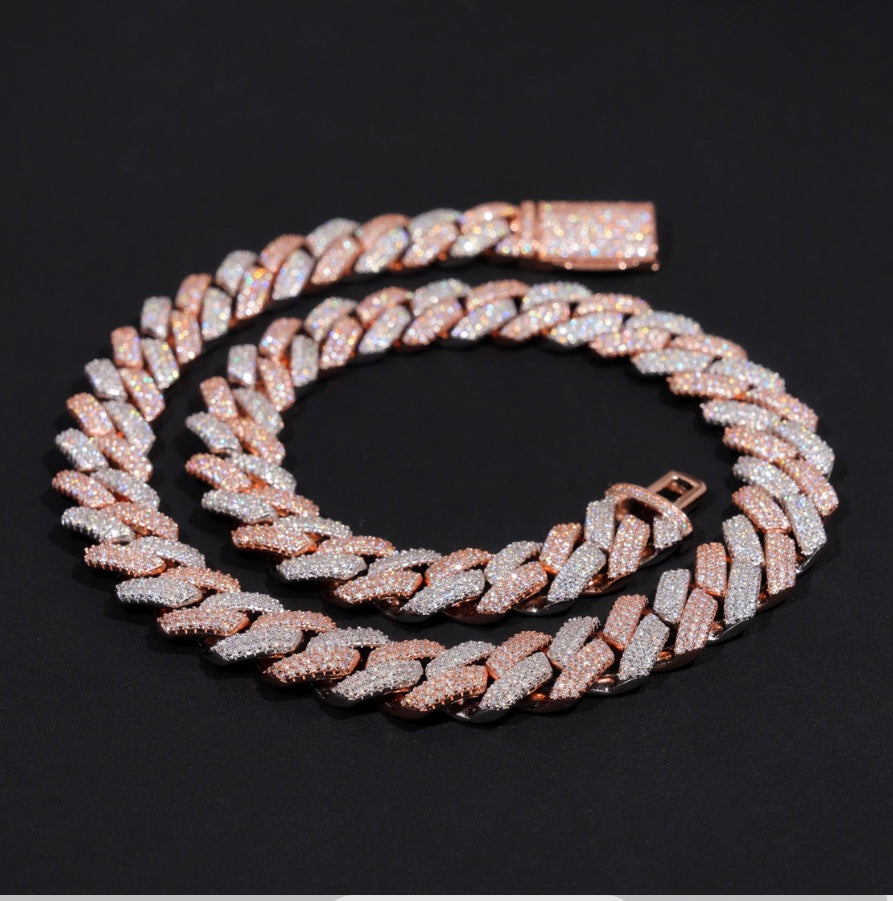 18mm Two-Tone Cuban Chain - Rose & White Gold Moissanite
