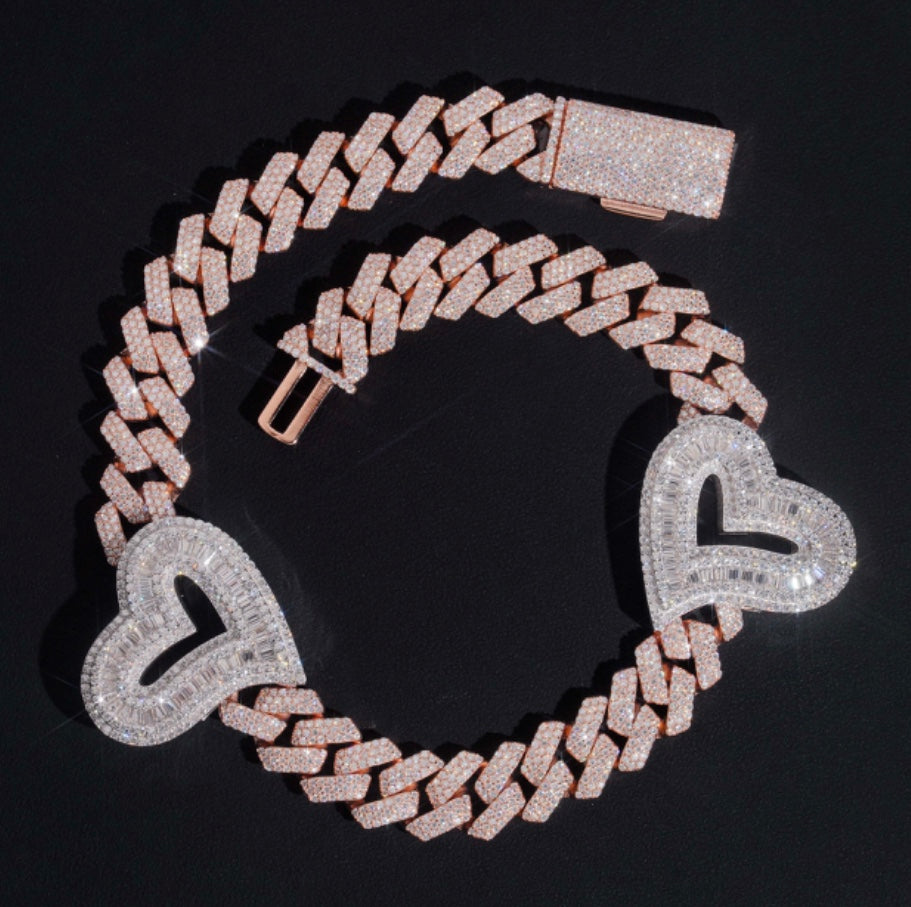 Rose Gold Heart 925 Silver Cuban Chain 15mm