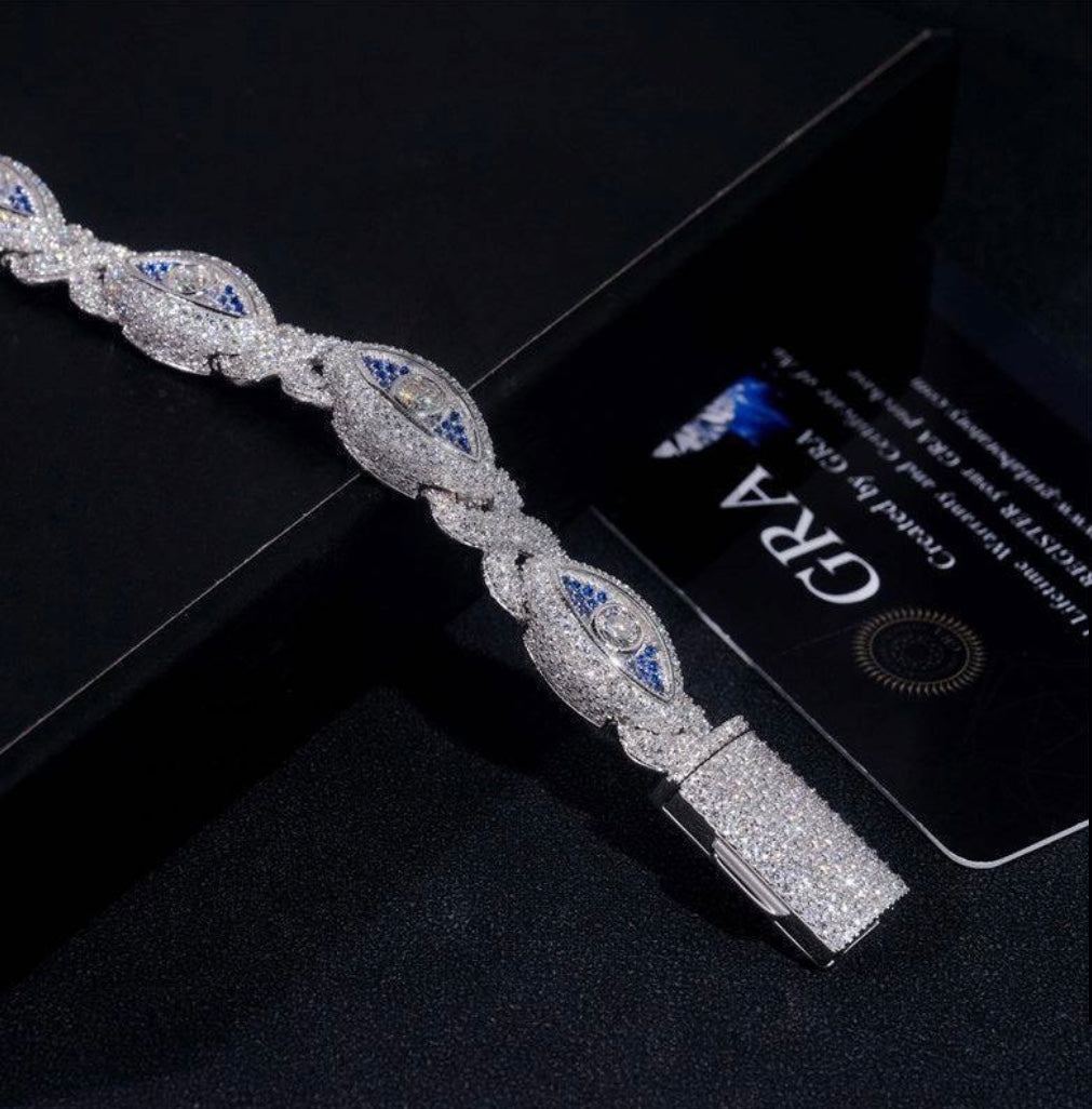 Custom Blue and White Moissanite Eye Bracelet - 18K White Gold Over 925 Silver