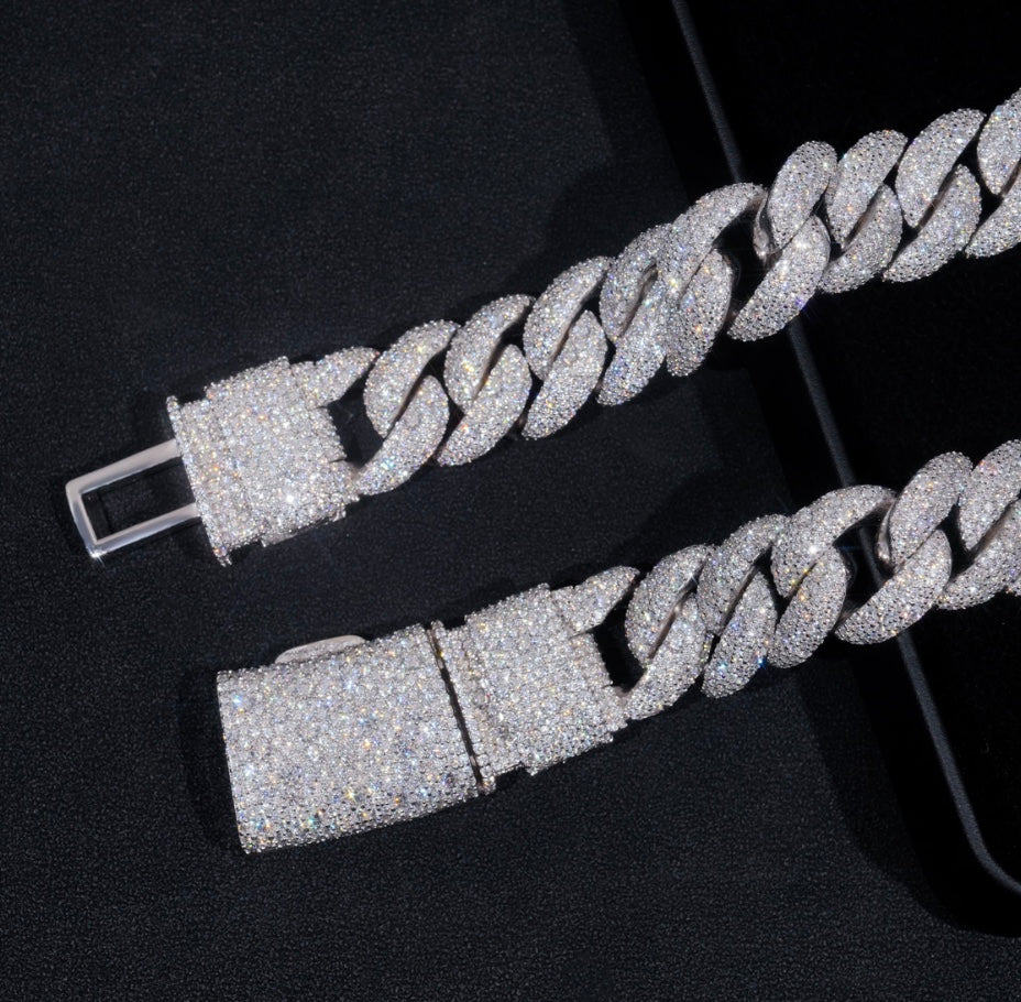 20mm Moissanite Cuban Chain with 18K White Gold Over 925 Silver