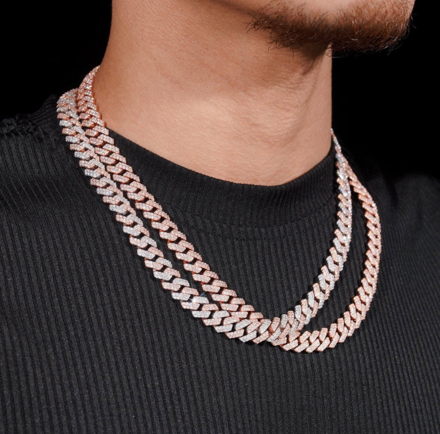 12mm Two-Tone Cuban Chain - Rose Gold & White Moissanite