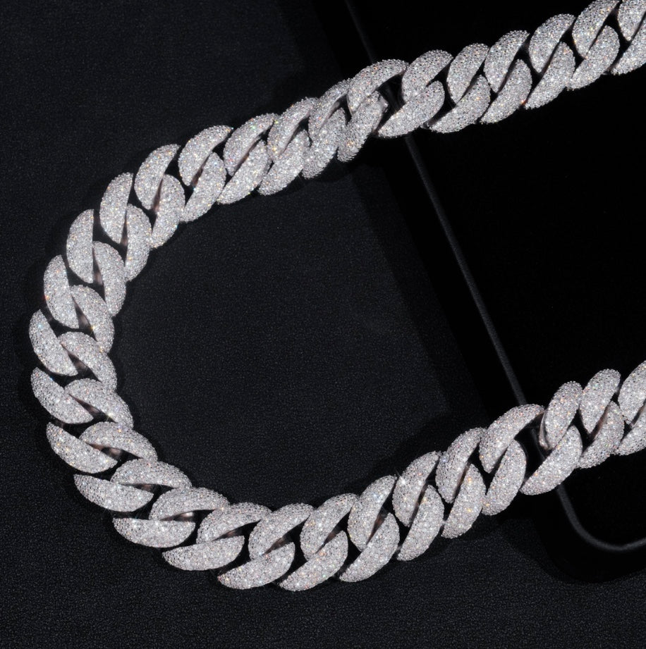 20mm Moissanite Cuban Chain with 18K White Gold Over 925 Silver