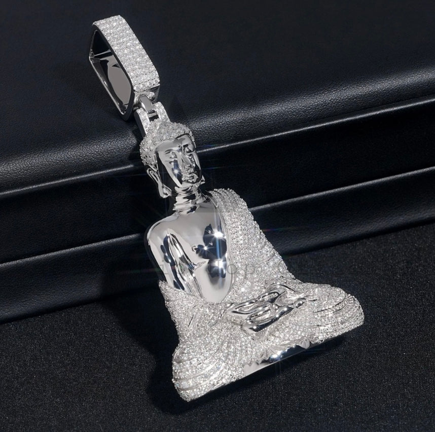 12mm Moissanite Cuban Chain and Buddha Pendant with 18K White Gold Over 925 Silver
