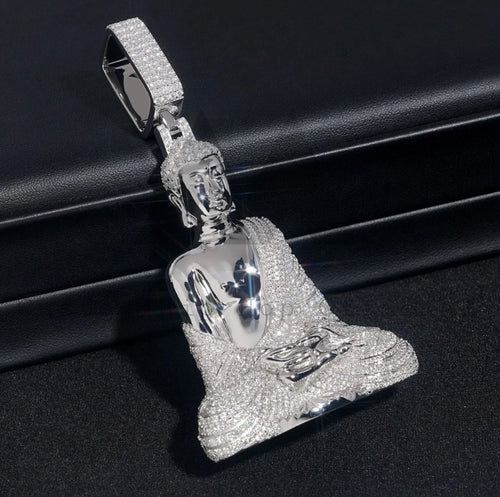 12mm Moissanite Cuban Chain and Buddha Pendant with 18K White Gold Over 925 Silver