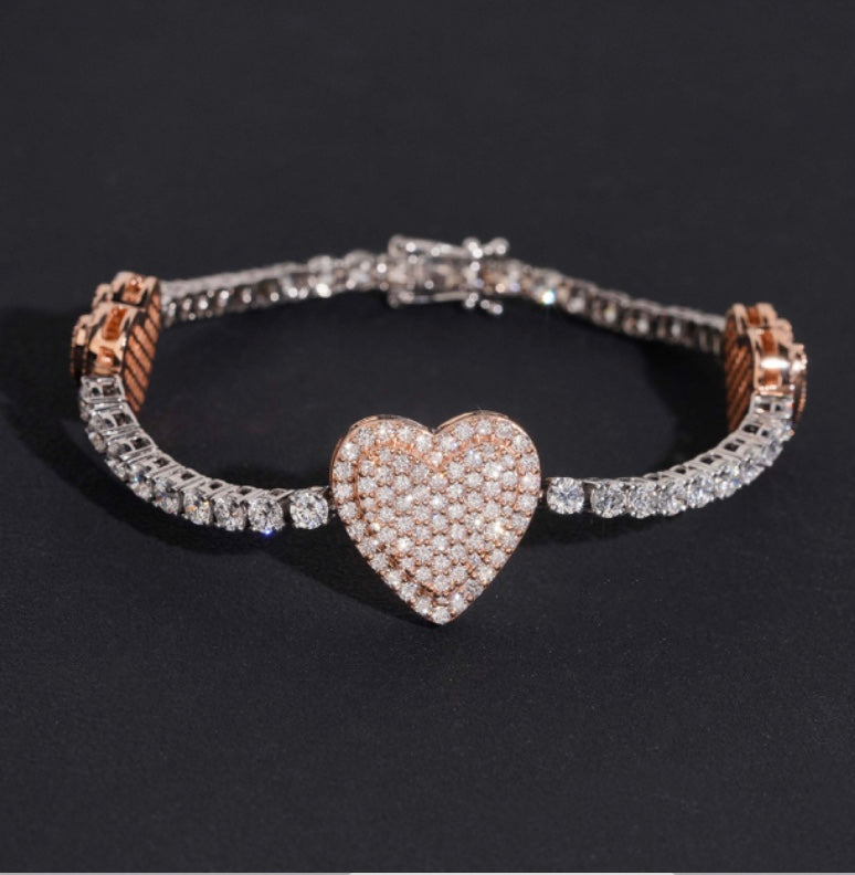3mm Moissanite Heart Tennis Bracelet with Rose Gold Over 925 Silver