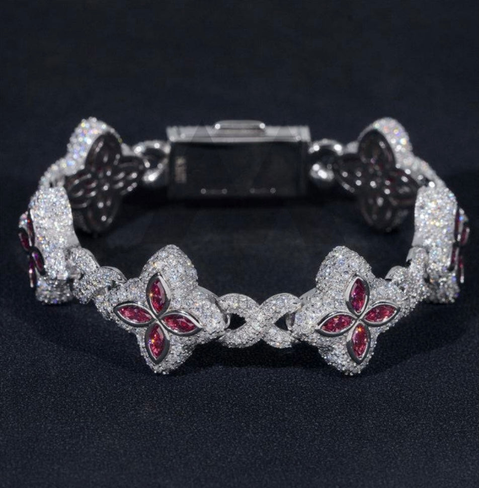 Custom Pink and White Moissanite Clover Bracelet - 18K White Gold Over 925 Silver