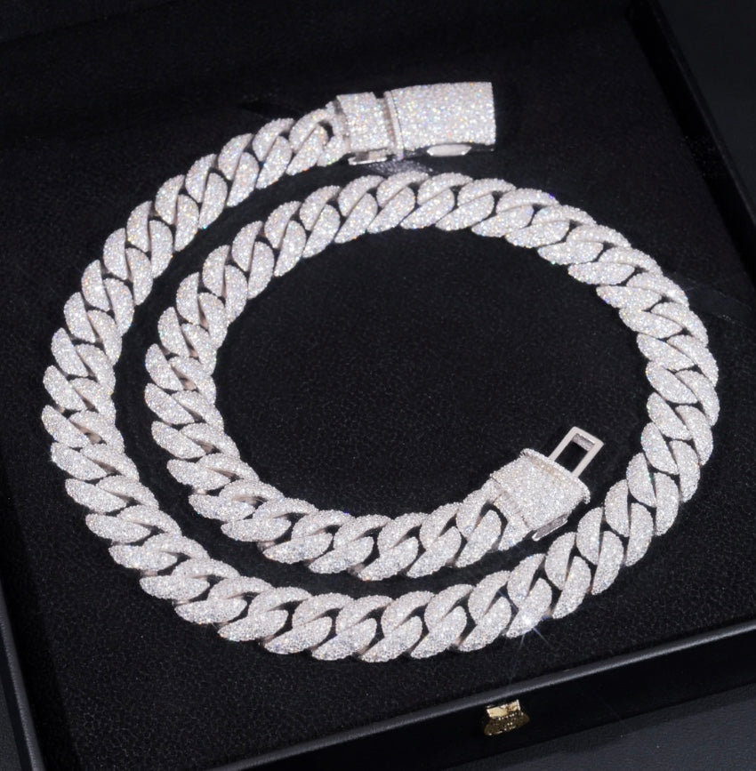 18mm Moissanite Cuban Chain with White Gold Over 925 Silver