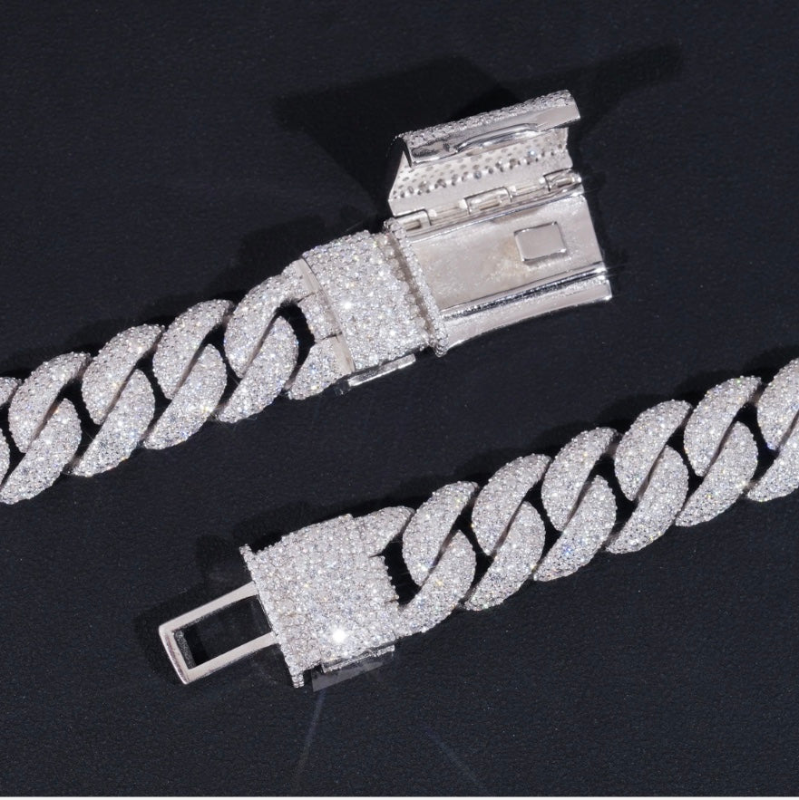 18mm Moissanite Cuban Chain with White Gold Over 925 Silver