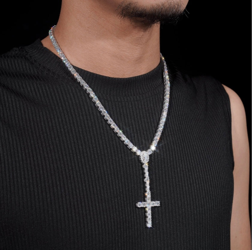 3mm Tennis Chain with Cross - 925 Silver Moissanite