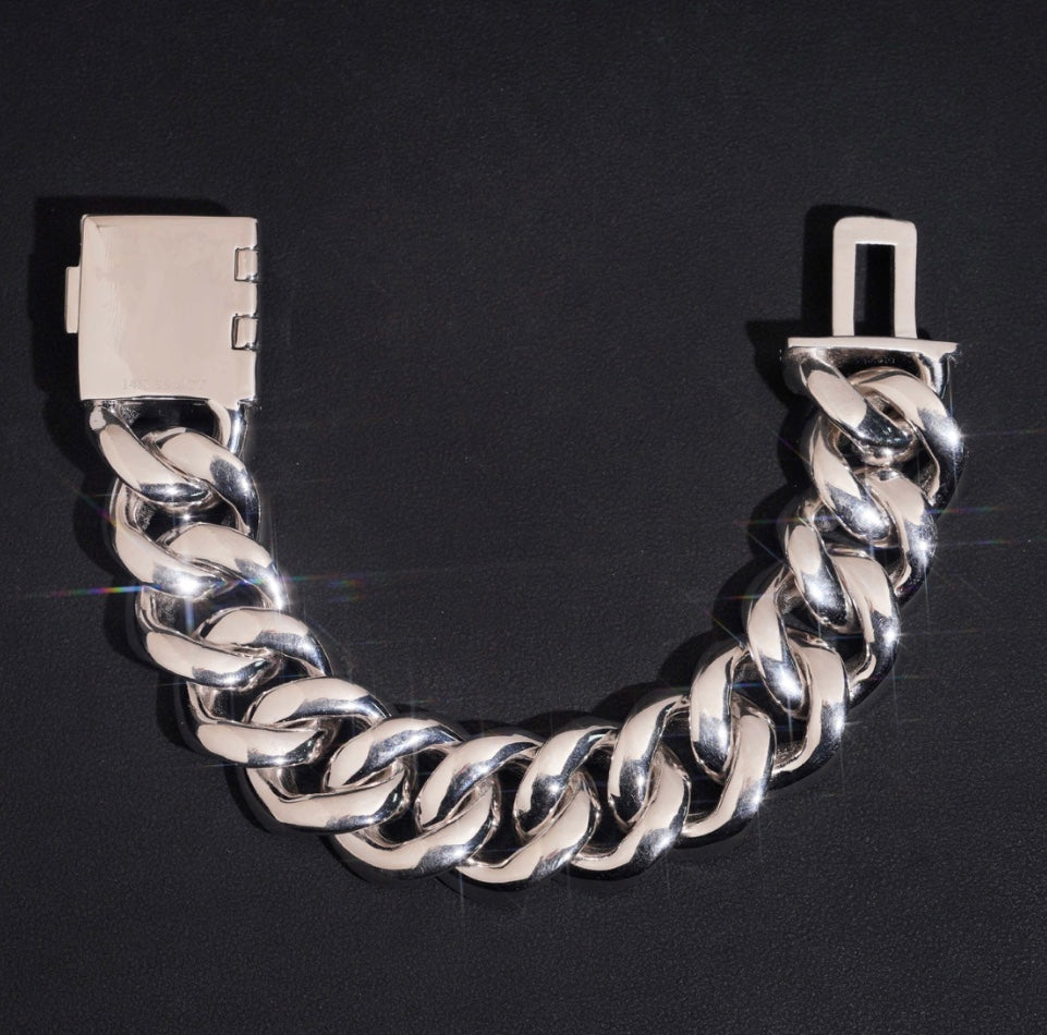 20mm Moissanite Cuban Bracelet with 18K White Gold Over 925 Silver