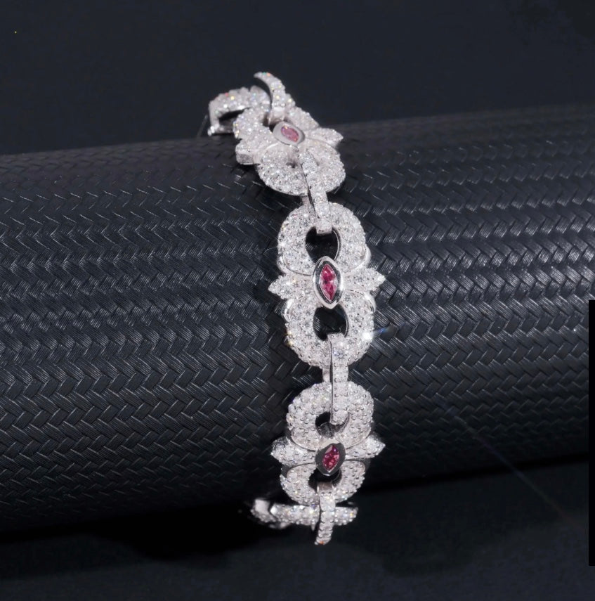 Custom Infinity Color Stone Moissanite Link Bracelet - 18K White Gold Over 925 Silver