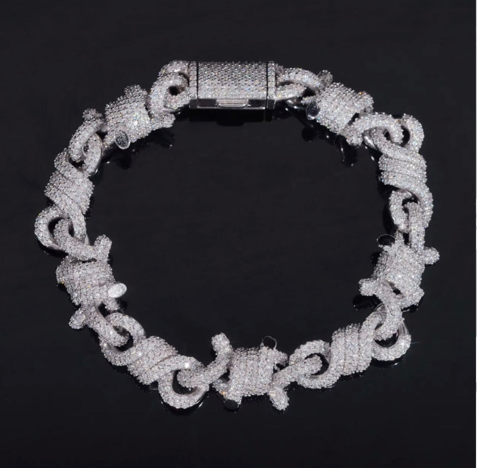 Custom 12mm Barbwire Moissanite Bracelet - White/Rose Gold - 18K Over 925 Silver