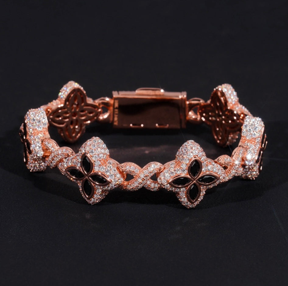 Custom Black and White Mixed Moissanite Clover Bracelet - White/Rose Gold - 18K Over 925 Silver