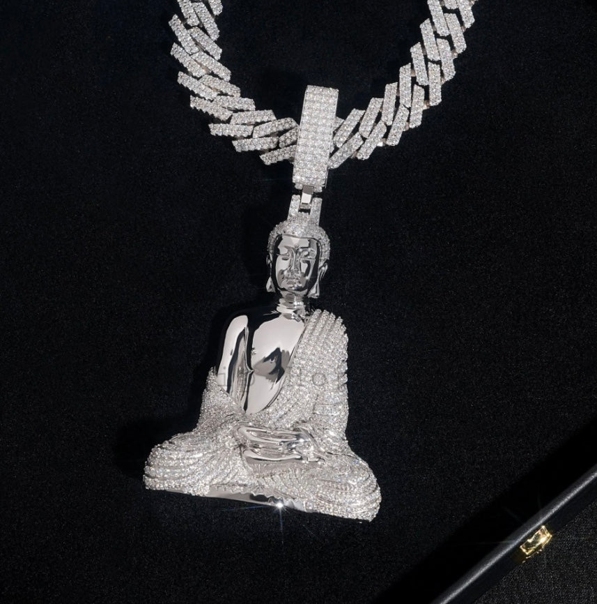 12mm Moissanite Cuban Chain and Buddha Pendant with 18K White Gold Over 925 Silver