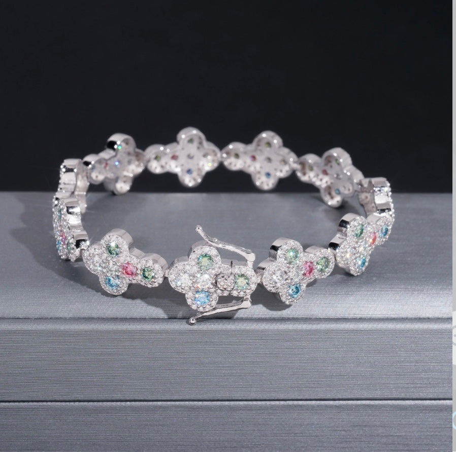 Blue and Pink Custom Cross Bracelet - 18K White Gold Plated
