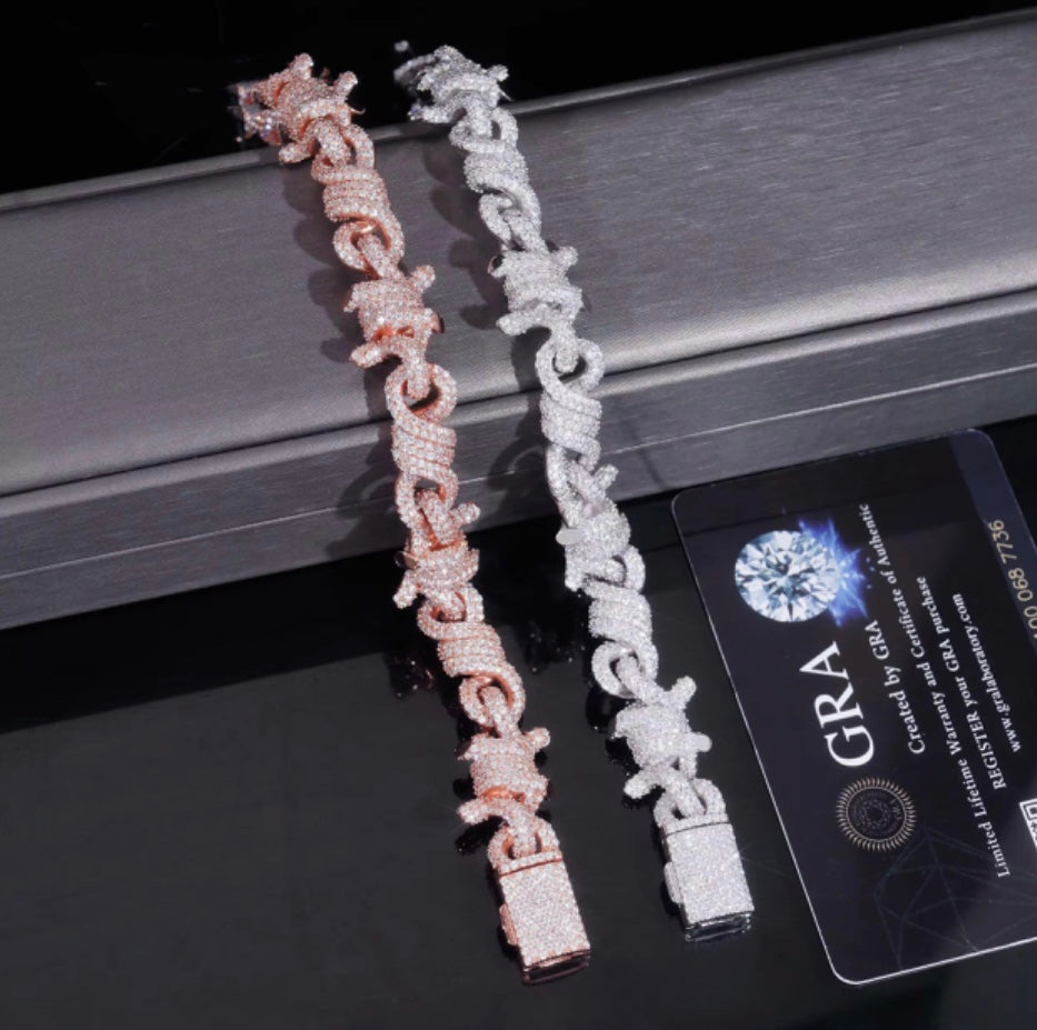Custom 12mm Barbwire Moissanite Bracelet - White/Rose Gold - 18K Over 925 Silver