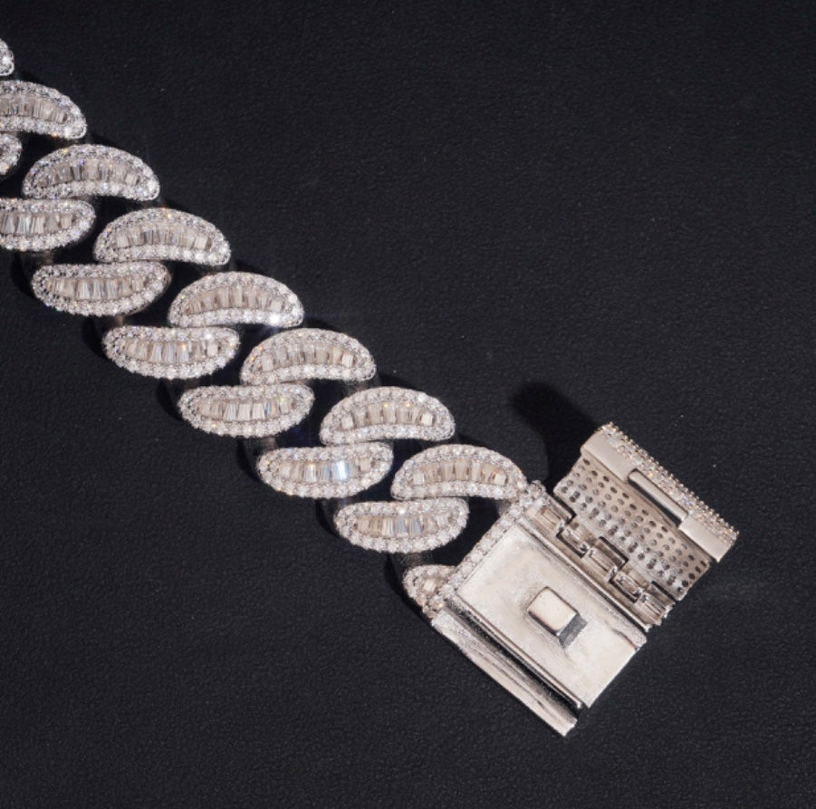 20mm Moissanite Cuban Bracelet with 18K White Gold Over 925 Silver