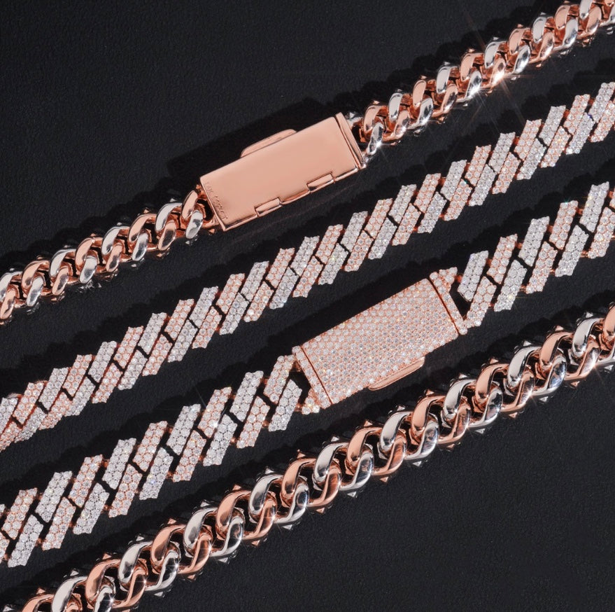 Rose Gold & White Gold 925 Silver Cuban Chain 8mm 10mm