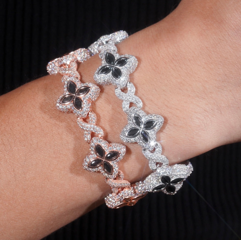 Custom Black and White Mixed Moissanite Clover Bracelet - White/Rose Gold - 18K Over 925 Silver