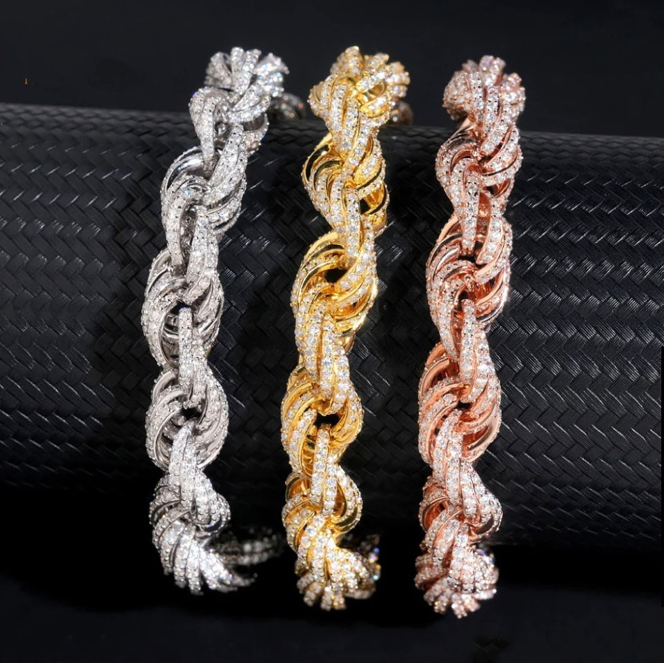 Custom Moissanite Lock Rope Bracelet - 18K White or Yellow Gold over 925 Silver