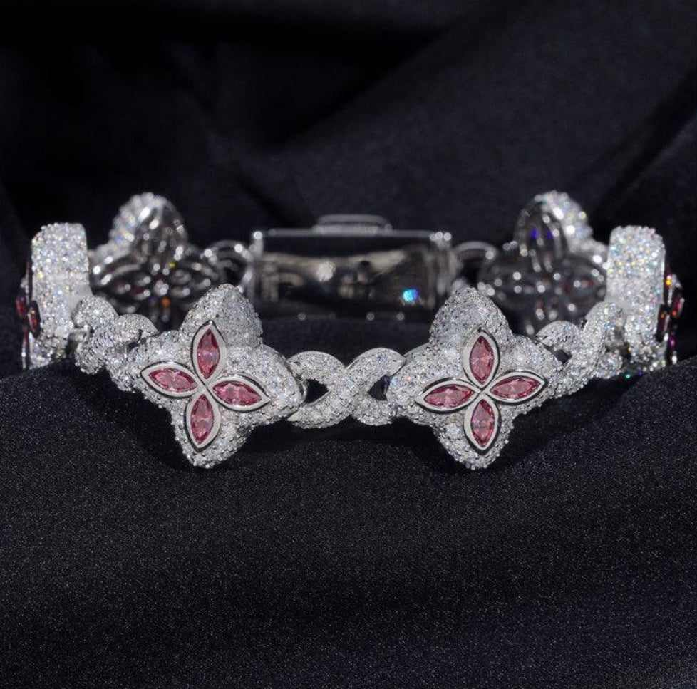 Custom Pink and White Moissanite Clover Bracelet - 18K White Gold Over 925 Silver