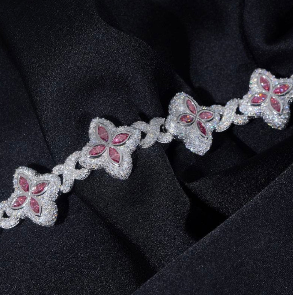 Custom Pink and White Moissanite Clover Bracelet - 18K White Gold Over 925 Silver