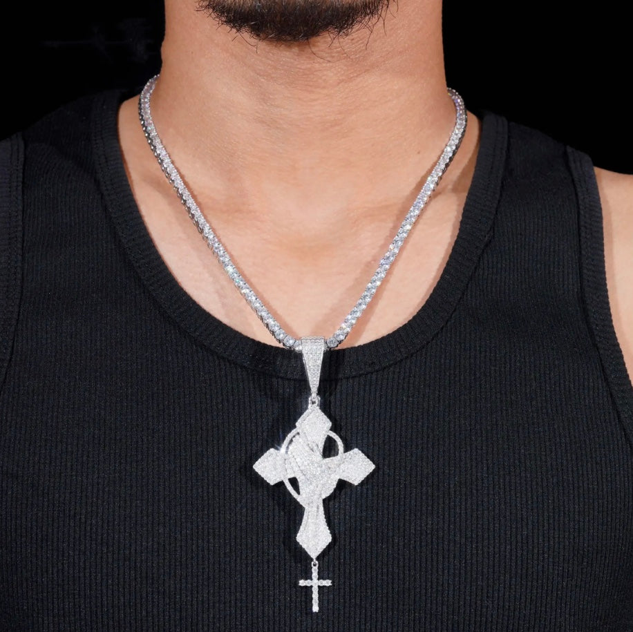 Custom Moissanite Cross with Hand Pendant 18K White Gold Over 925 Silver