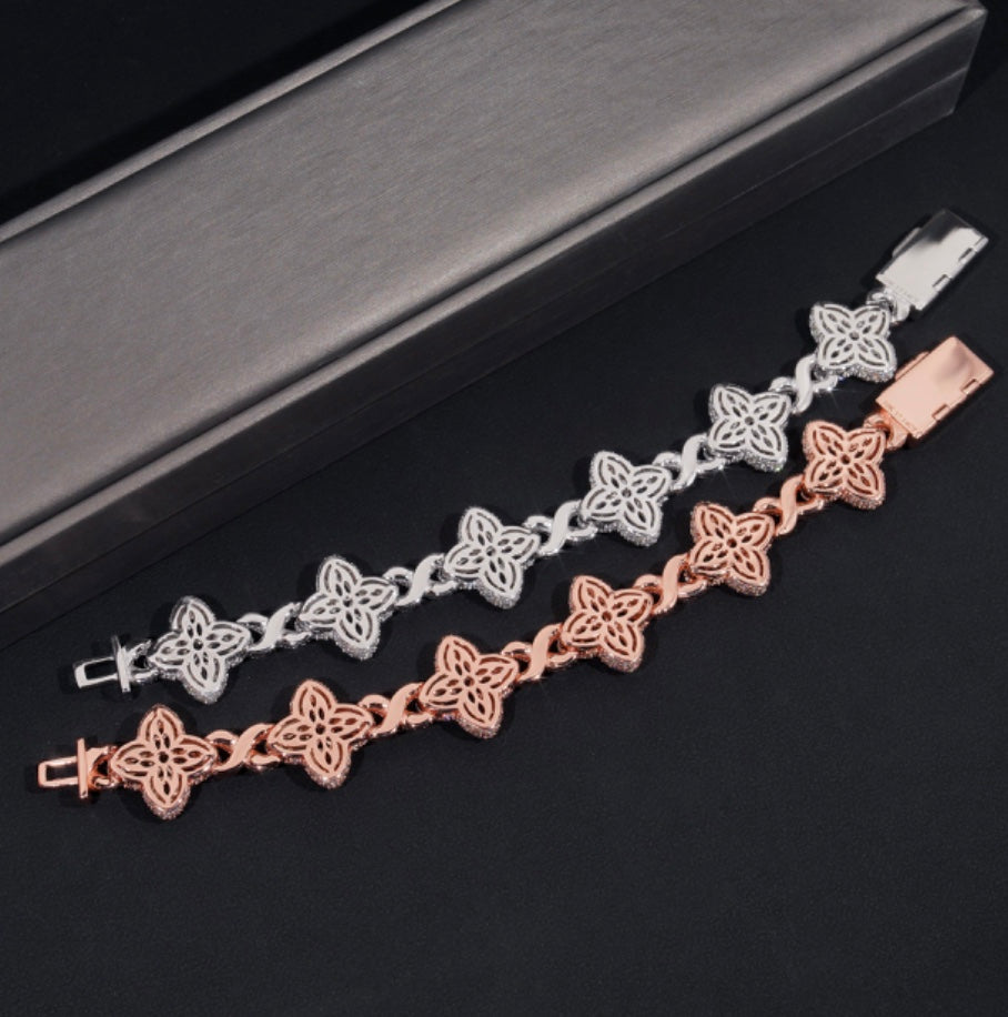 Custom Black and White Mixed Moissanite Clover Bracelet - White/Rose Gold - 18K Over 925 Silver