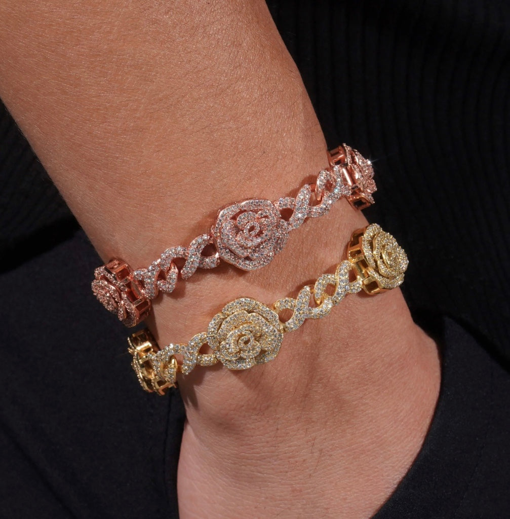 Custom Rose Infinity Link Moissanite Bracelet - Rose/Yellow Gold - 18K Over 925 Silver