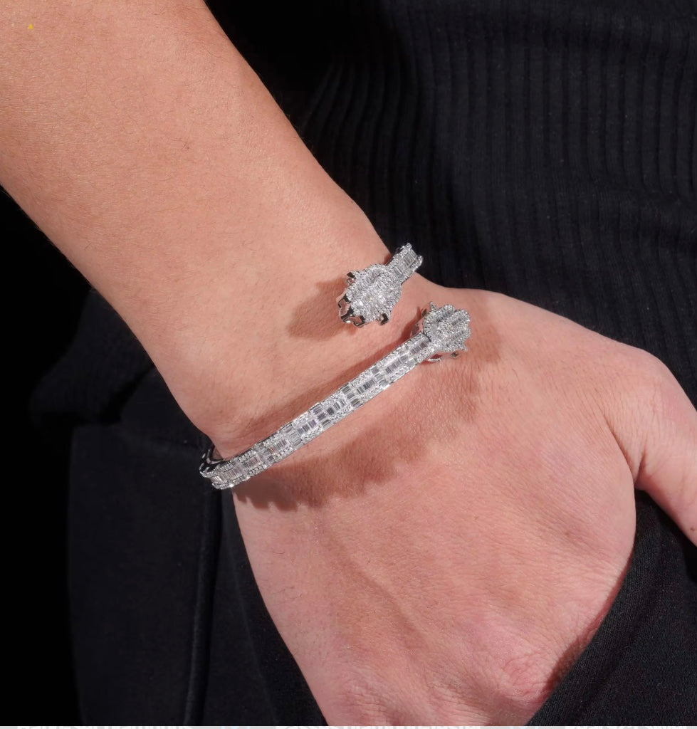 Custom Moissanite Hamsa Hand Bangle - 18K White Gold Over 925 Silver