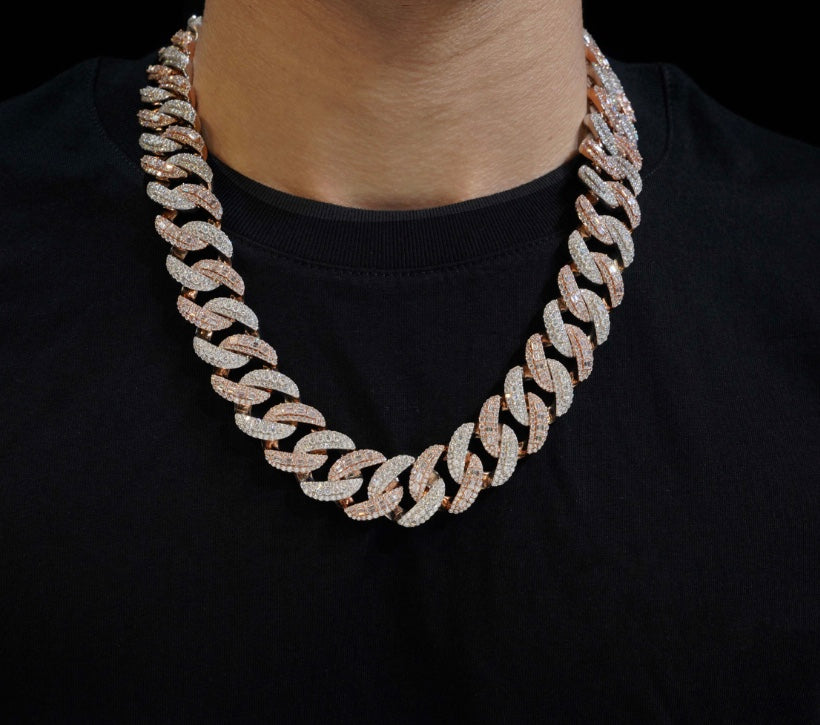 22mm Two-Tone Cuban Chain - Rose & White Gold 925 Silver Moissanite