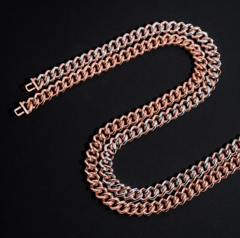 12mm Two-Tone Cuban Chain - Rose Gold & White Moissanite
