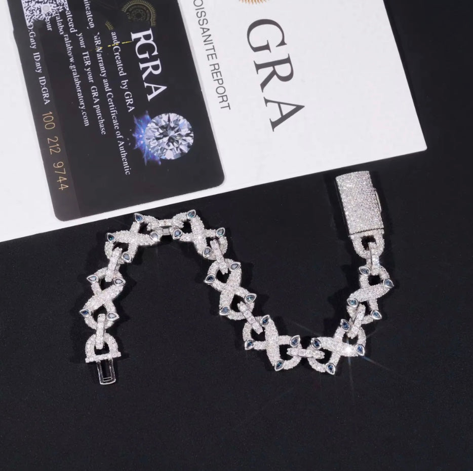 Custom Blue Stone Infinity Link Moissanite Bracelet - 18K White Gold over 925 Silver