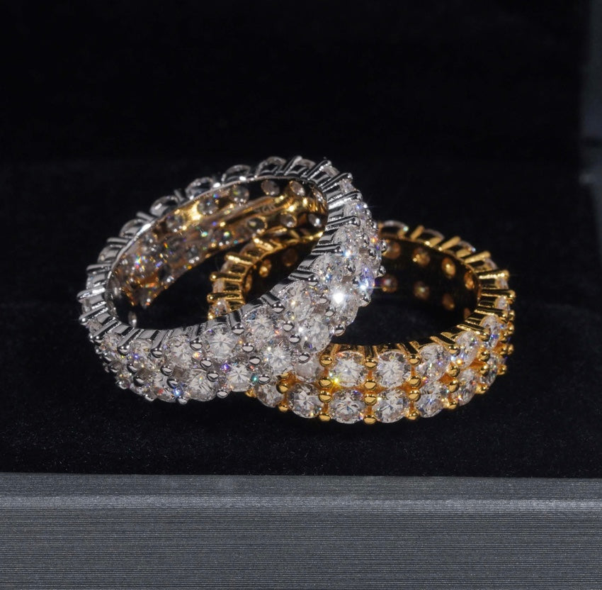 Custom 2 Row Eternity Wedding Band Moissanite Ring - White or Yellow Gold Over 925 Silver